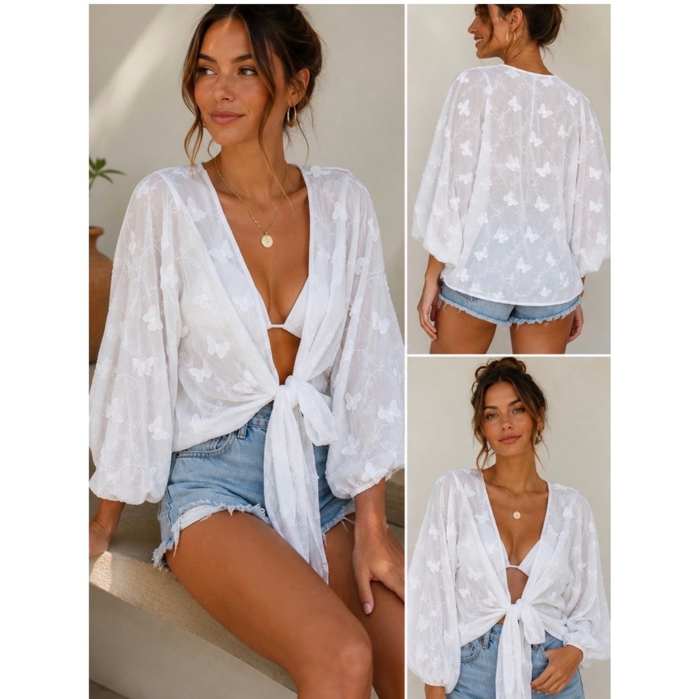 House of Harlow 1960 Eyelet Tie Front Top Boho White OS Floral Balloon Sleeve